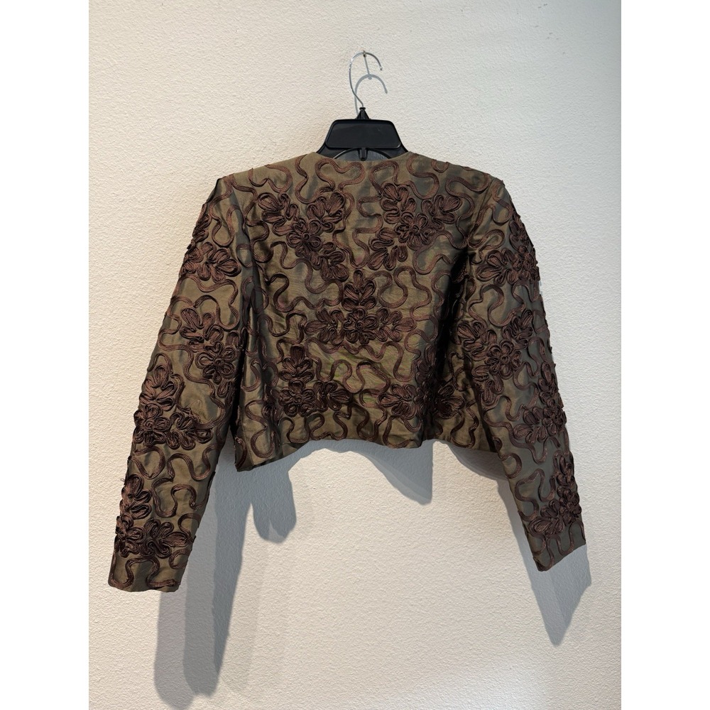 Brown Geometric Woman's Thai Silk Cropped Jacket Design Artisan Handmade Vintage - Picture 5 of 10